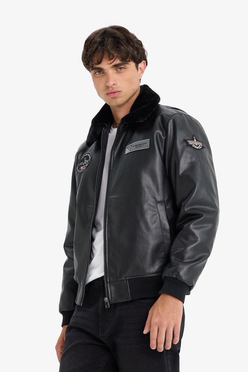 DeFacto Black Man Regular Fit Plush Collar Faux Leather Bomber Jacket Casual - Image 4